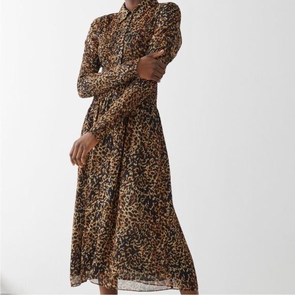 & OTHER STORIES Smocked Button Up Midi Dress Leopard Print Lined Sz 8 - Picture 1 of 14